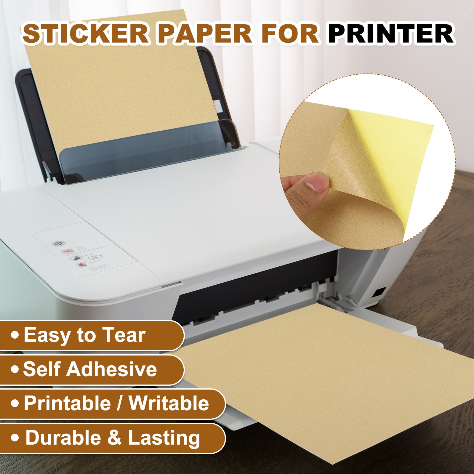 50 Sheets Printer Stickers, 50 Pcs Paper Labels A4 Brown