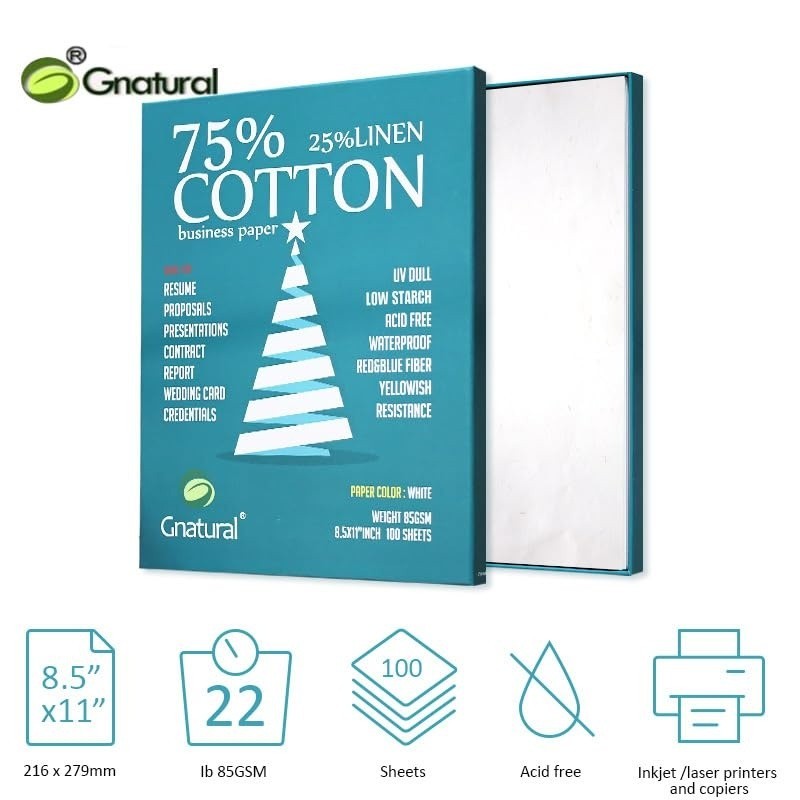 75 Cotton 25 Linen Business Paper 8.5×11 Inkjet Waterproof White Copy 100 Sheet