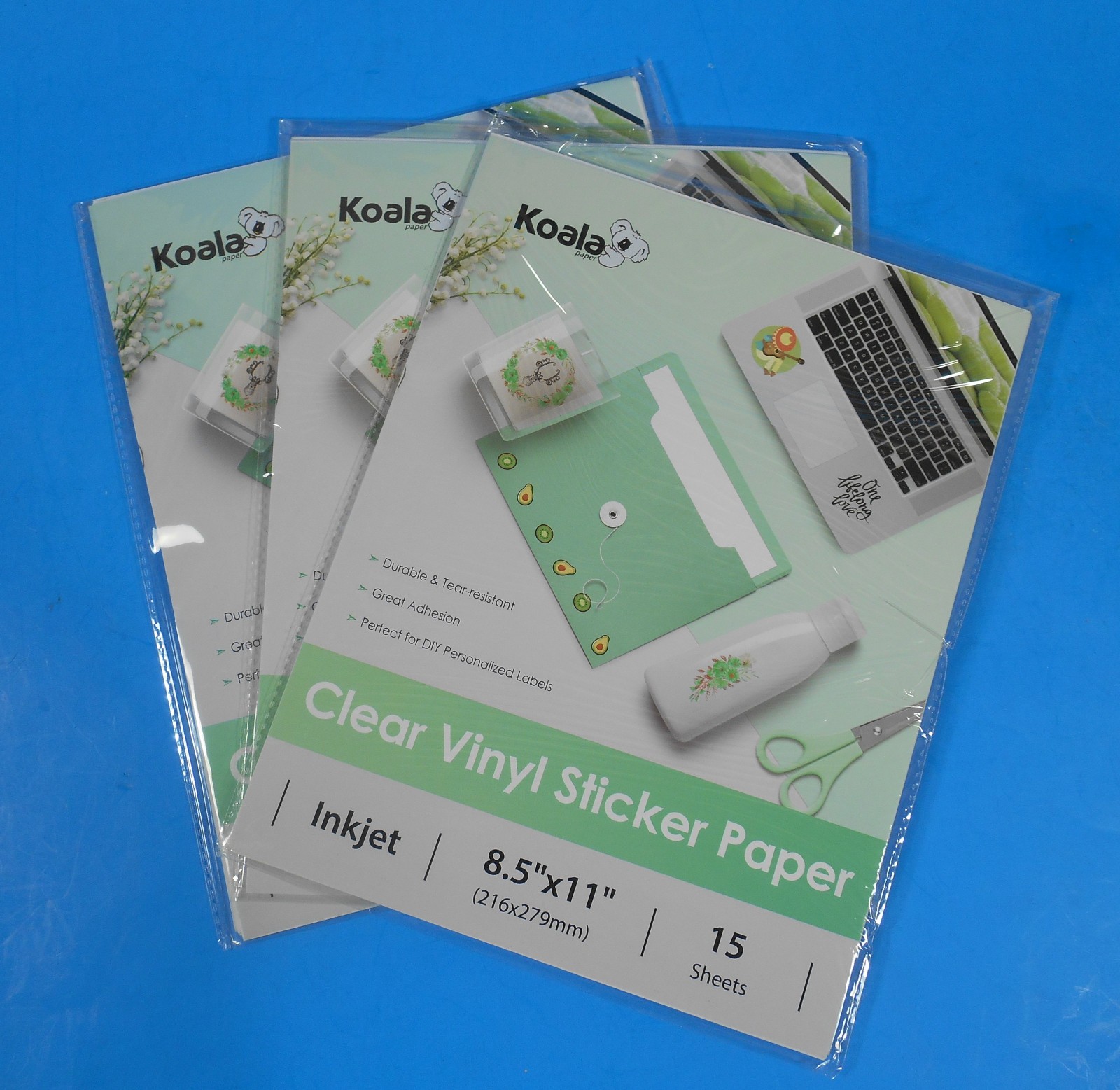 3X Koala 15 Sheets/Pkg Clear Vinyl Sticker Paper 8.5X11 For Inkjet