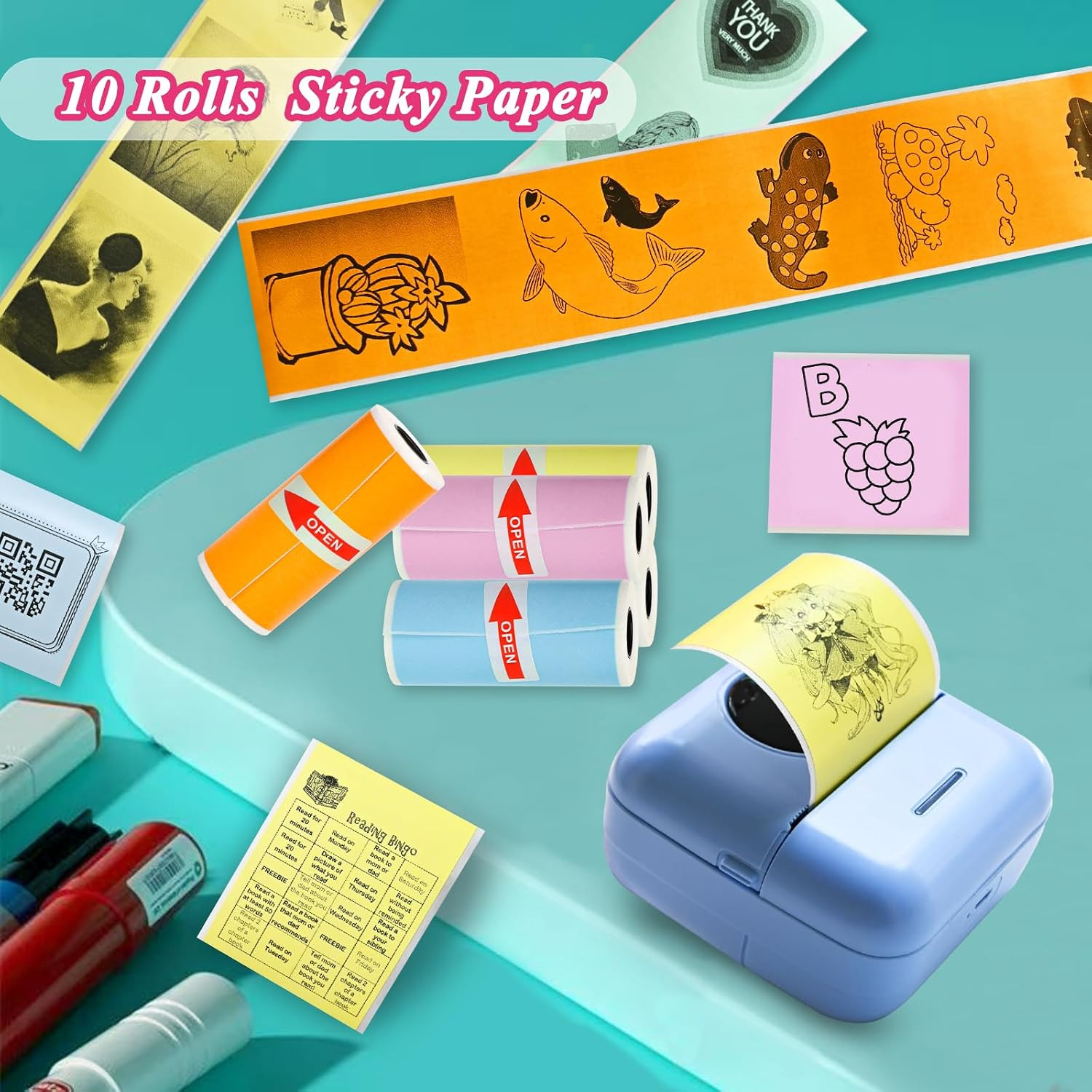 10 Rolls Colorful Mini Thermal Printer Paper Refill for Most Mini Printers, 57