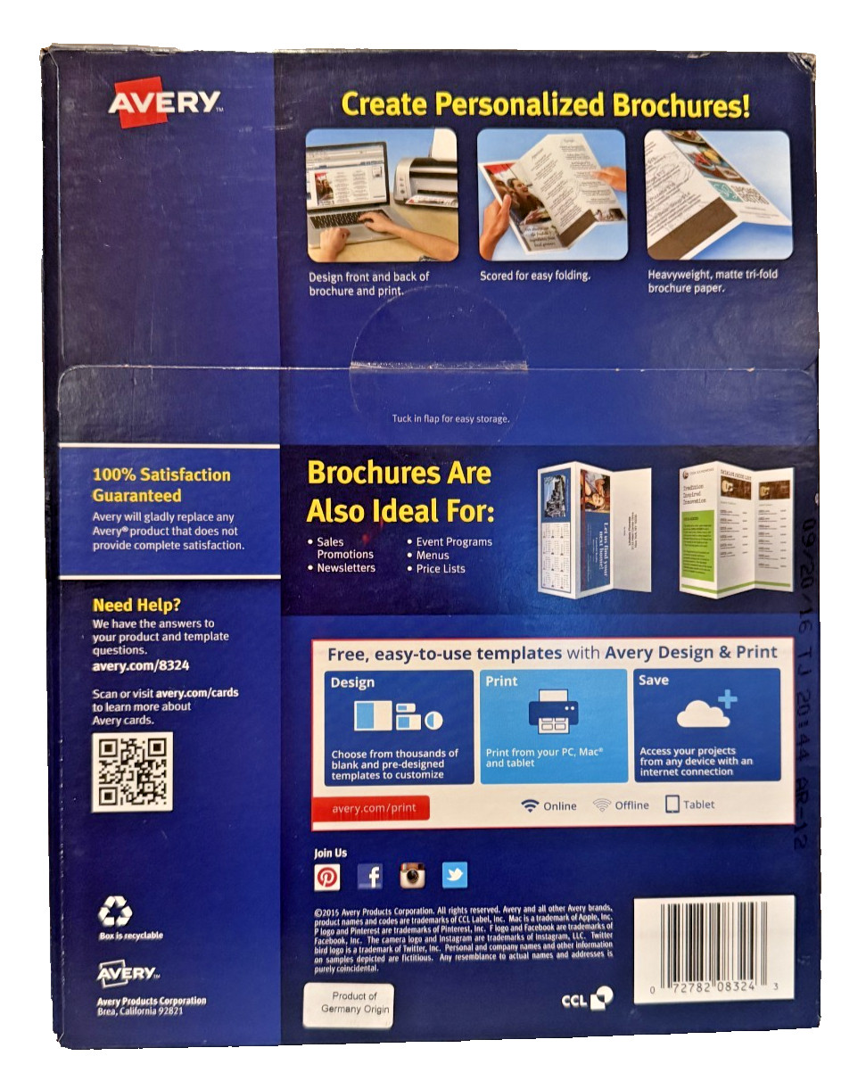 Avery Tri-Fold Brochures 92 Bright 85 lb 8.5 x 11 Matte White 100/Pack-Brand New