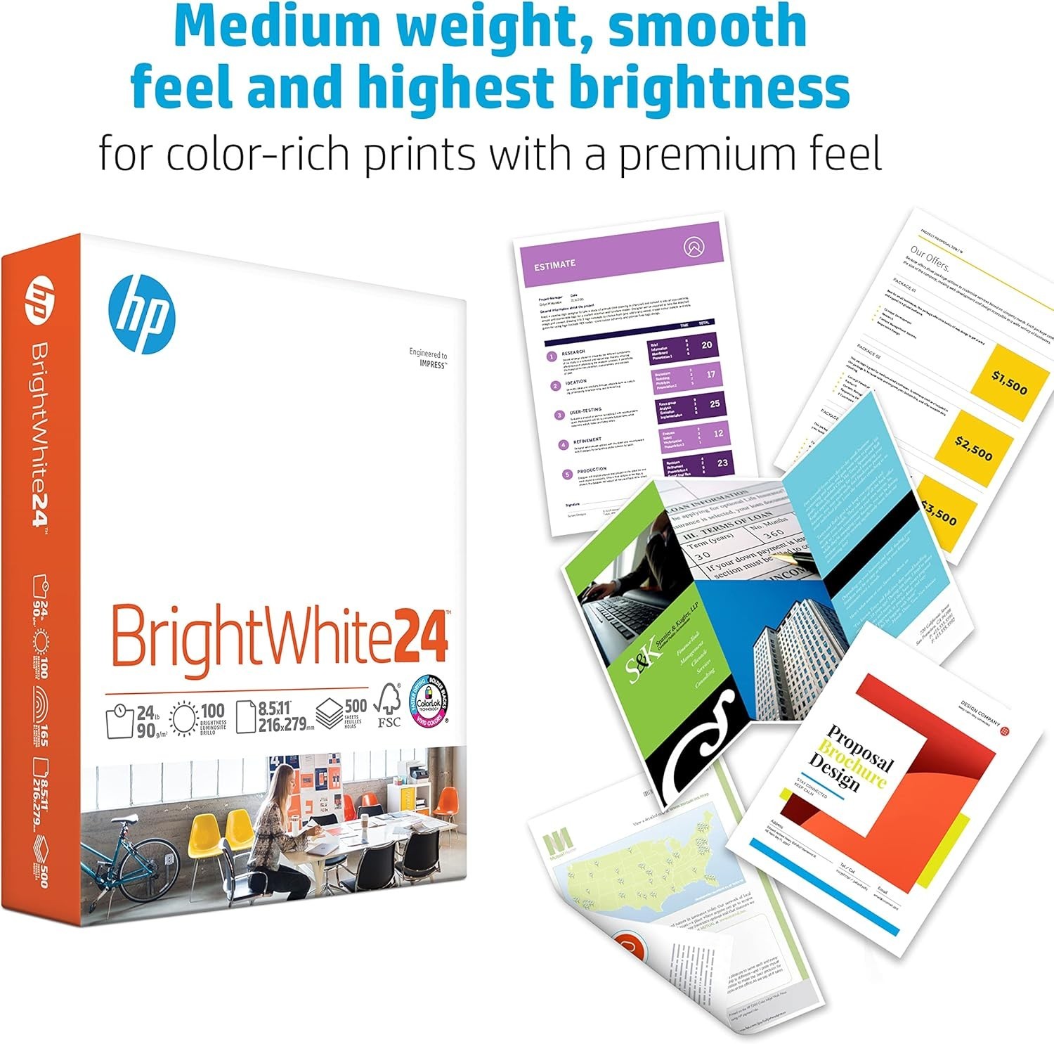 HP Paper Printer Paper 8.5×11 BrightWhite 24 lb 1 Ream 500 Sheets 100 Bright