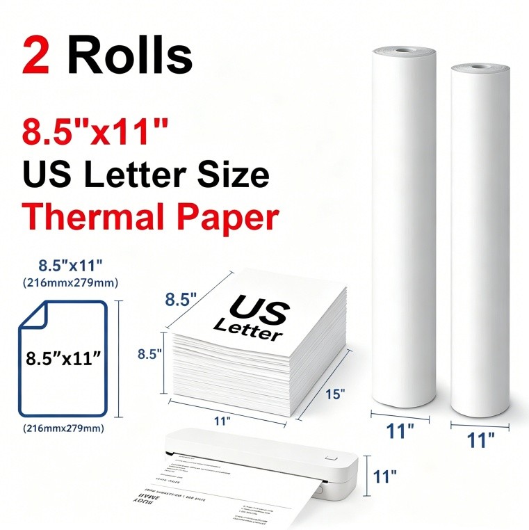 Thermal Printer Paper 2 Rolls A4 8.5″x11″ US Letter Size for M08F M832 M834 US