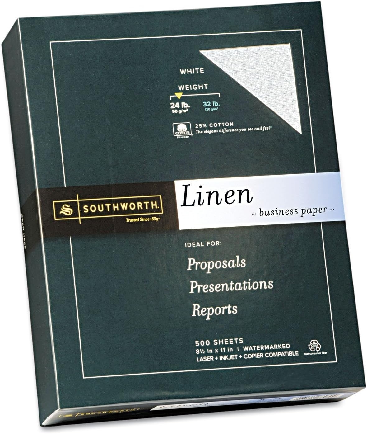 25% Cotton Business Paper 8.5 x 11″ 24 lb/90 GSM Linen Finish White 500 Sheets