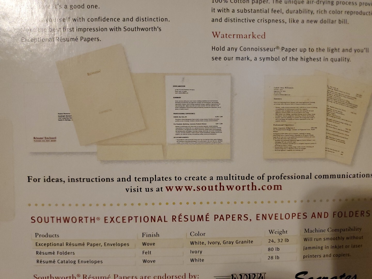 Southworth Connoisseur Collection Exceptional Resume Ivory Paper 100% cotton