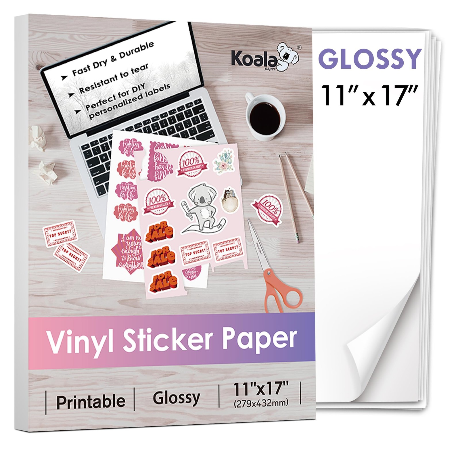 Koala Printable Vinyl Sticker Paper for Inkjet Printer 11×17 Inch – 10 Sheets…