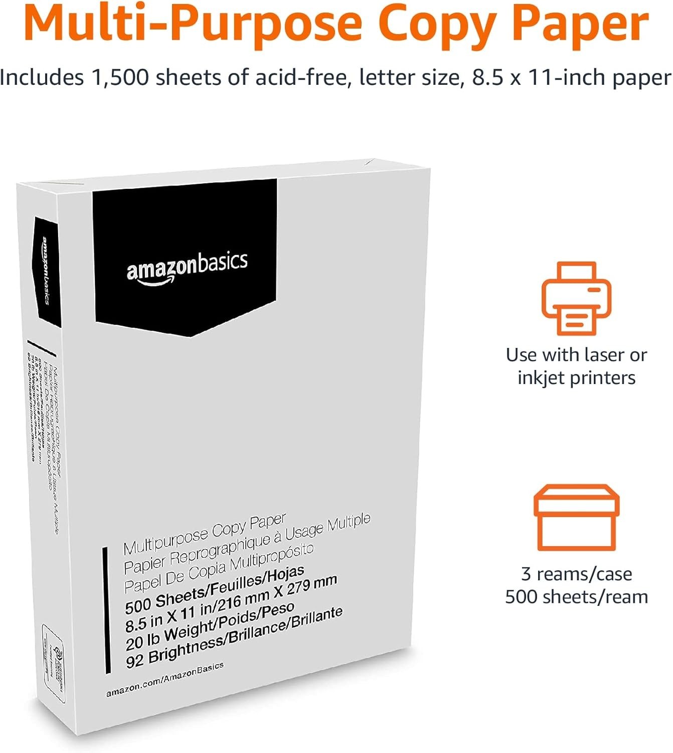 Multipurpose Copy Printer Paper, 20 lb, 8.5 x 11 Inches, 3 Reams 1,500 Sheets…