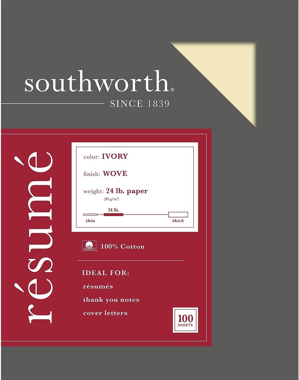 Southworth 100ct Ivory 24lb 100% Cotton Recycled Resume Paper Pack
