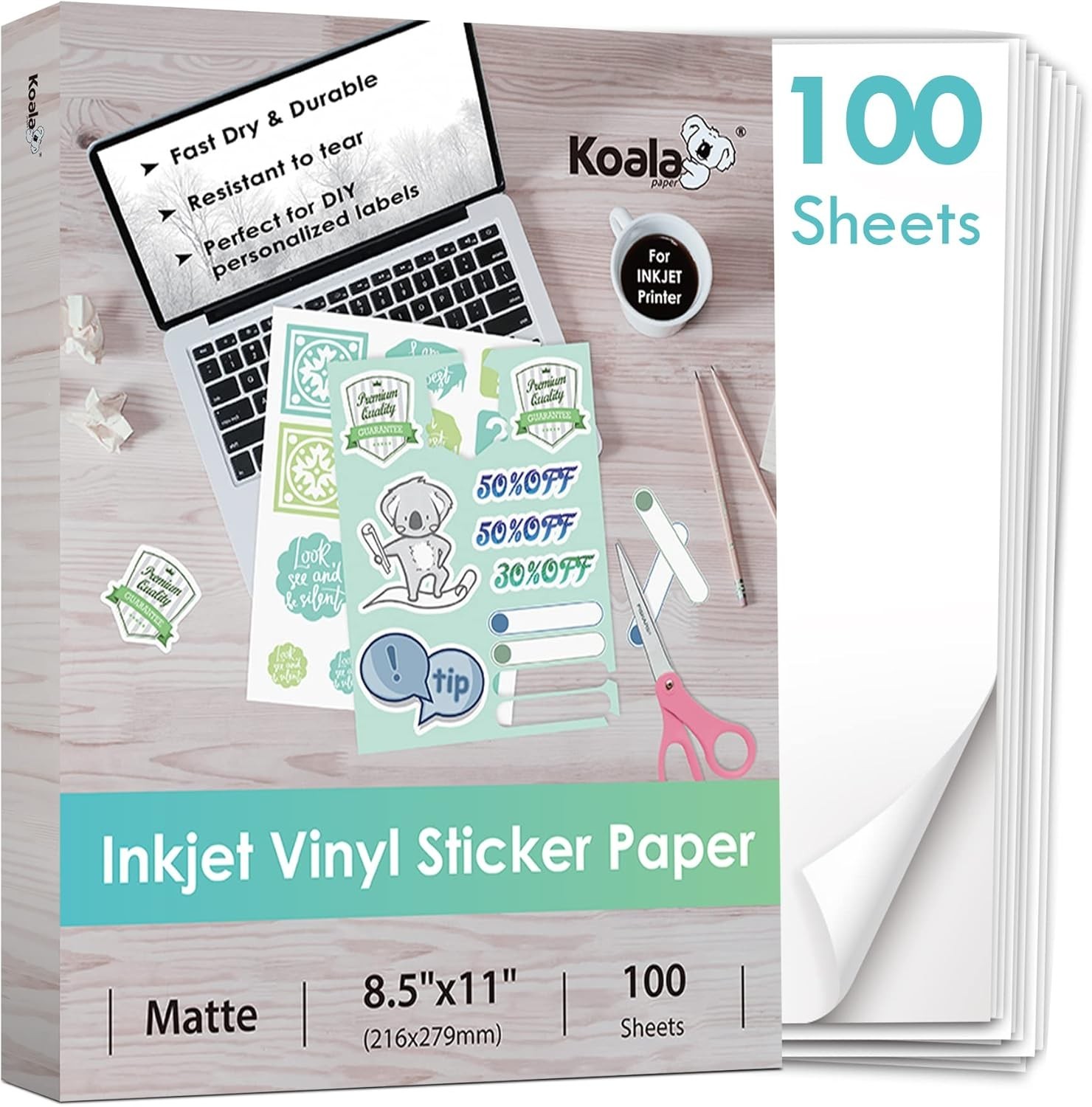 Koala Printable Vinyl Sticker Paper for Inkjet Printer – 100 Sheets Sticker P…