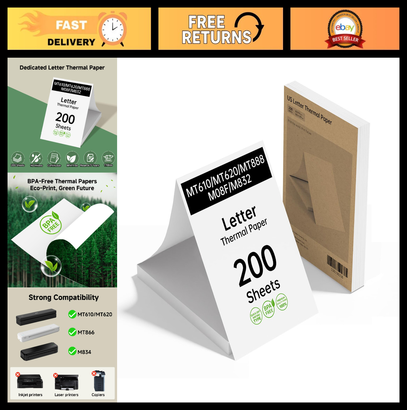 200 Sheets 8.5×11″ BPA Free Inkless Thermal Printer Paper, Continuous Folding, C