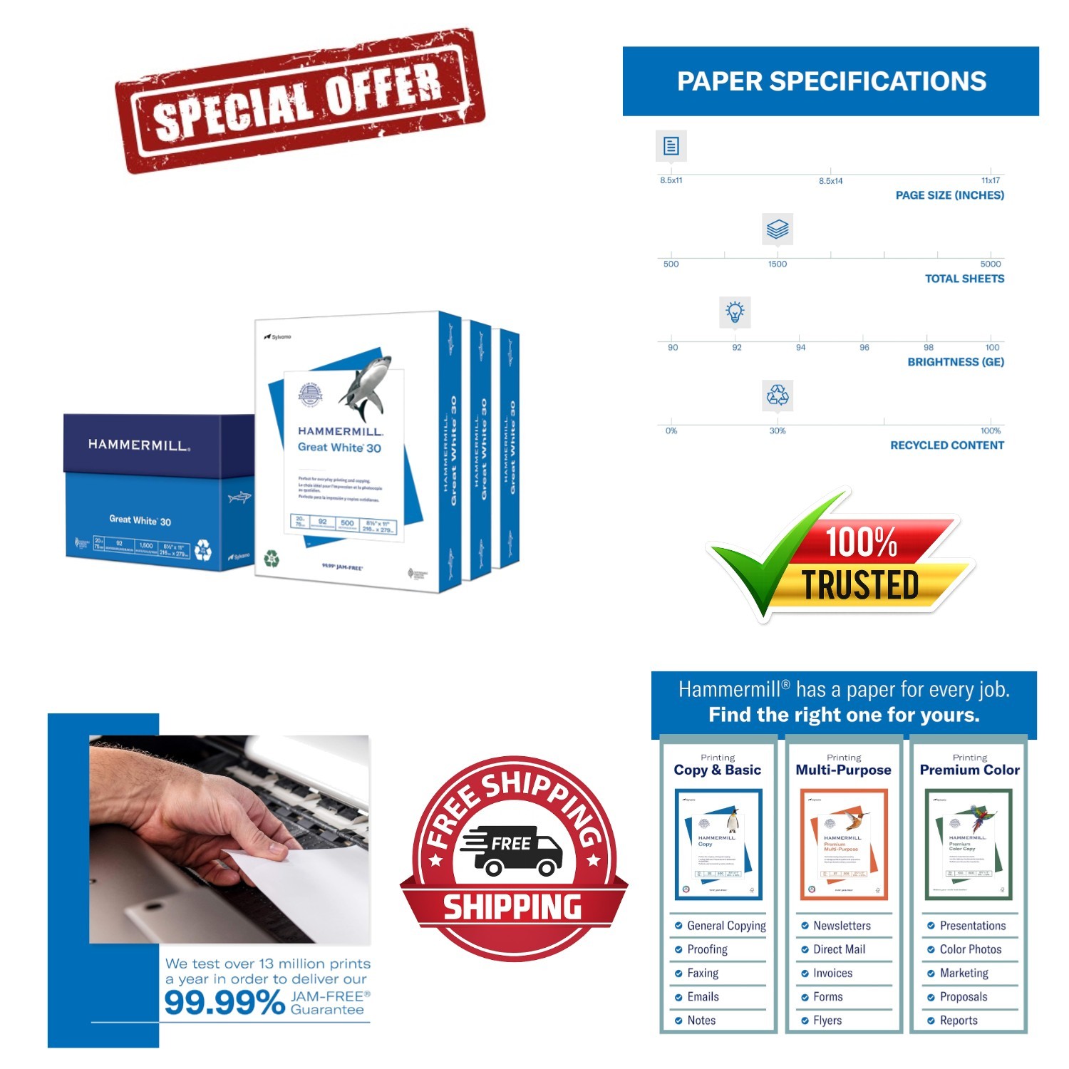 Eco-Friendly 30% Recycled Printer Paper, 1,500 Sheets, 8.5 x 11 – Smooth Finish
