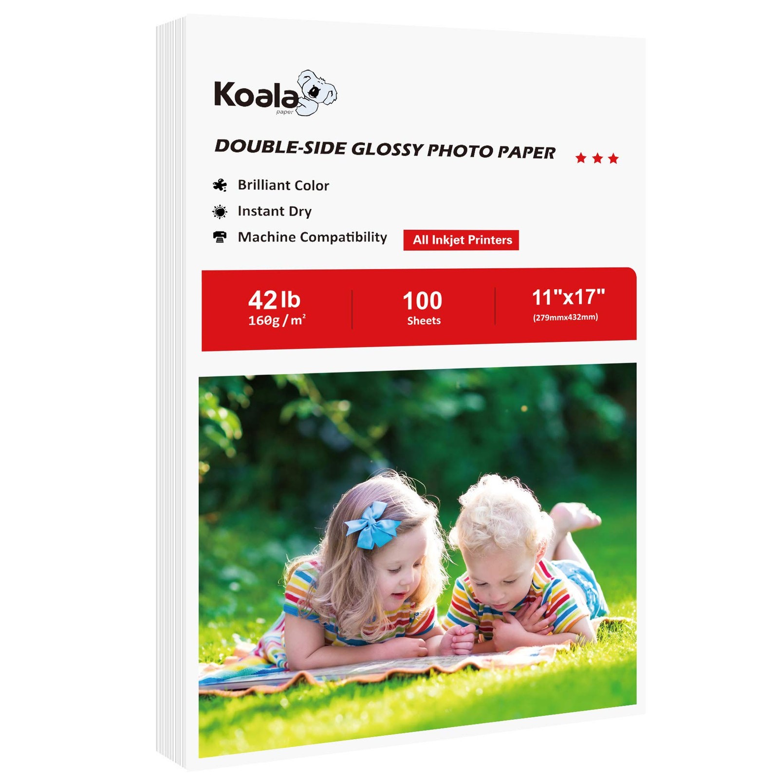 100 Sheets 11×17 Inch Double Side Glossy Brochure Photo Paper 42LB Inkjet
