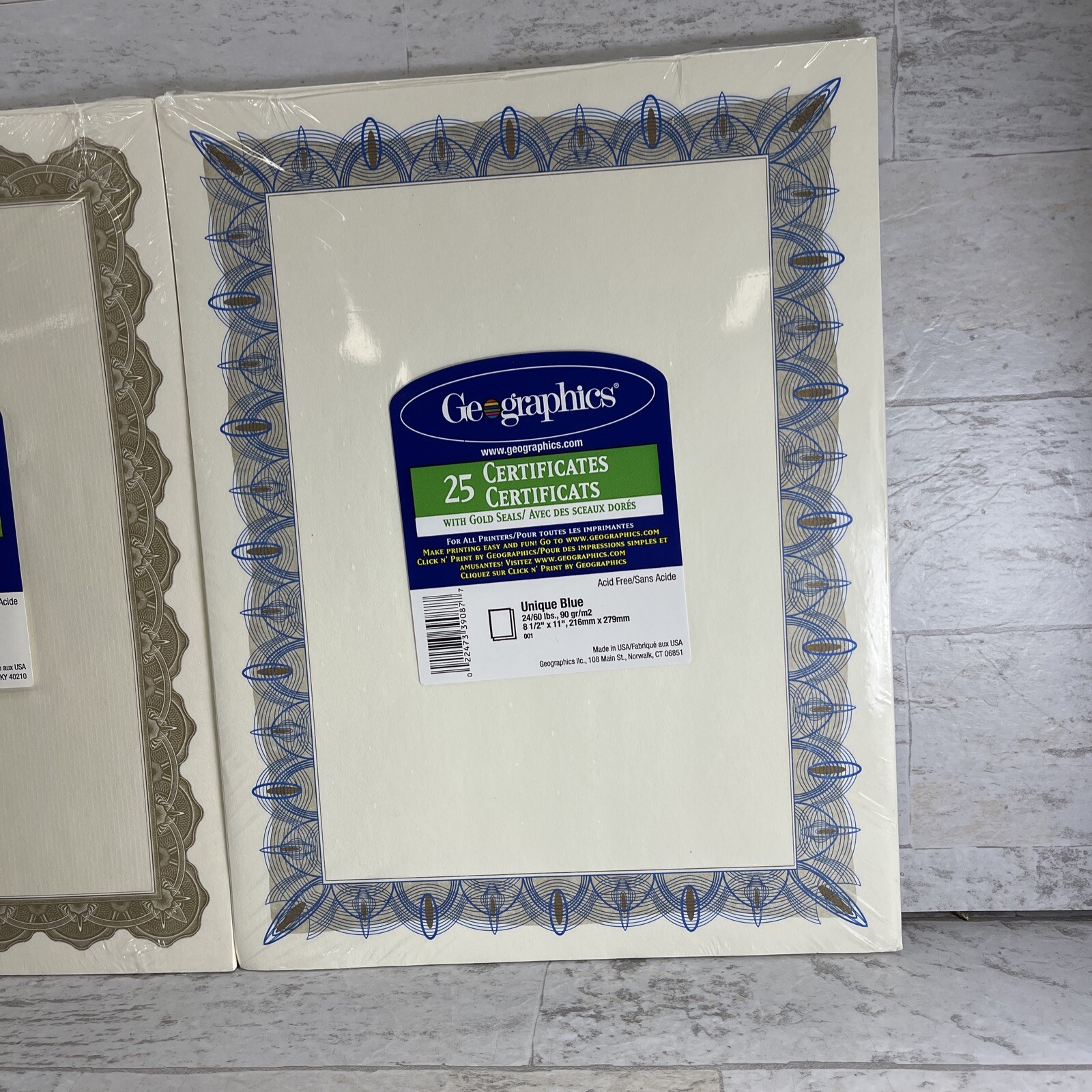 2 -25 Ct Geographics Unique Blue Certificates & Optima Gold & Seals 8-1/2″ x 11″