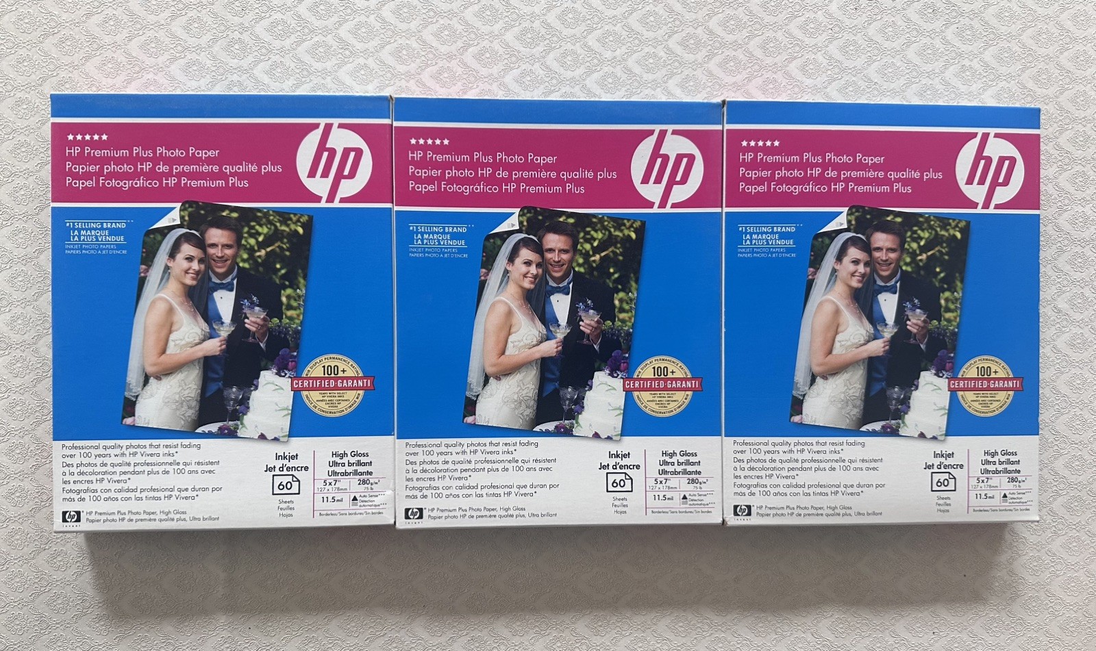 LOT OF 3 HP Premium Plus Photo High Gloss Paper 60 Sheets per box 5×7 InkJet