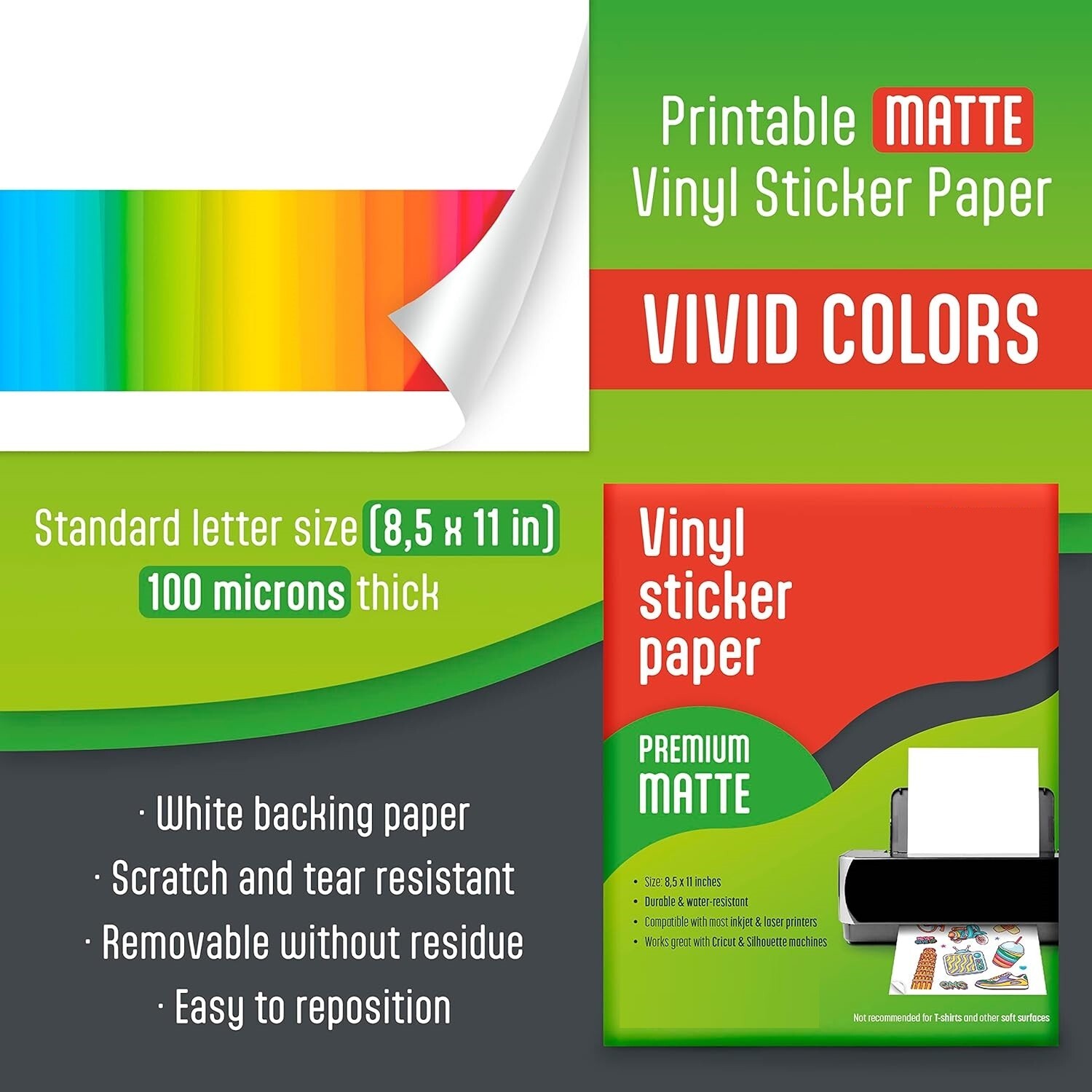 100 Matte 8.5″x11″ Printable Vinyl Sticker Paper for Inkjet Laser Waterproof