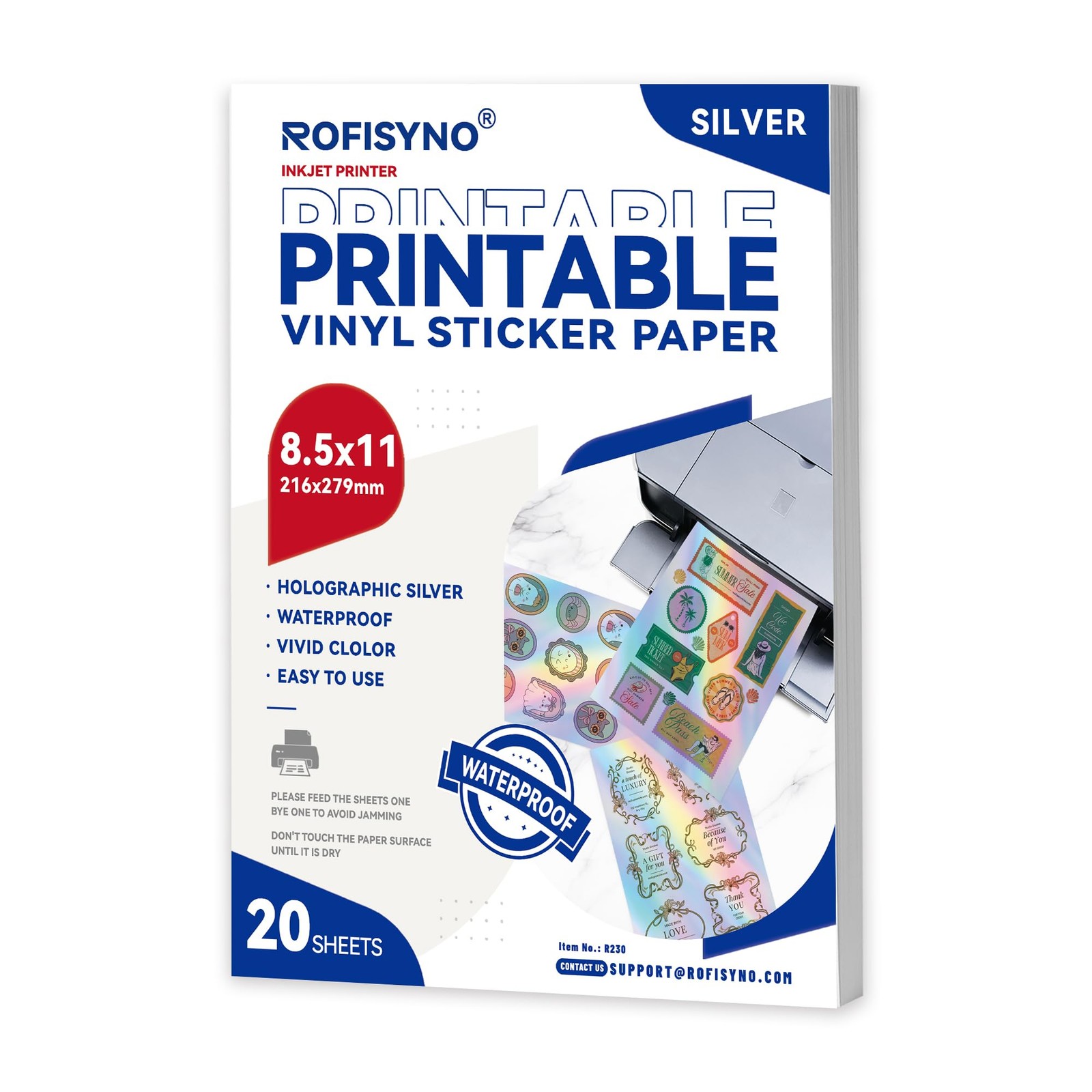 Printable Holographic Sliver Vinyl Sticker Paper 8.5 x 11, 20 Pack, Removable…