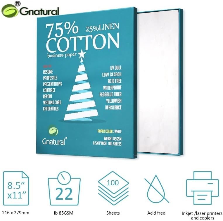 75% Cotton 25% Linen Paper, 85gsm Inkjet Printing 8.5″×11″, White