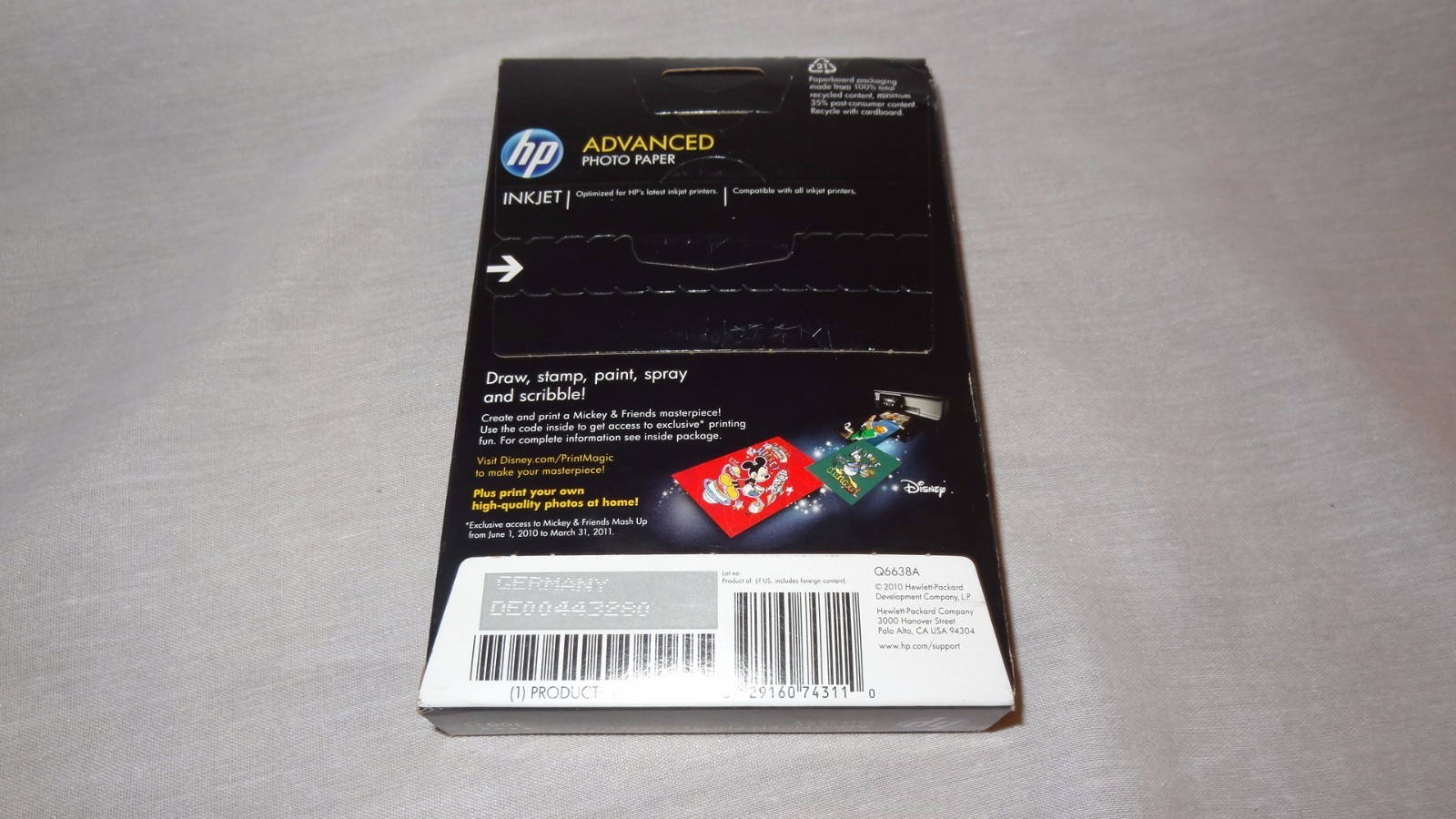 Unopened Disney HP Advanced 4 X 6 Glossy Photo Paper 100 Count Q2238A 2010