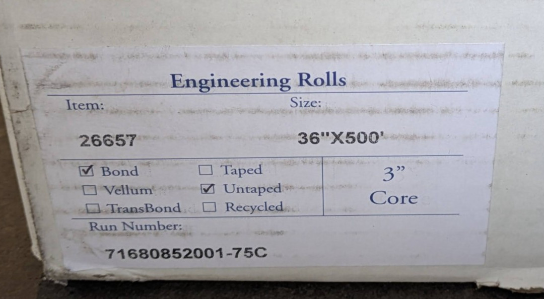 2 Rolls Wide Format Engineering Paper Matte 36″ x 500′ 3″Core 20LB 92 Brightness