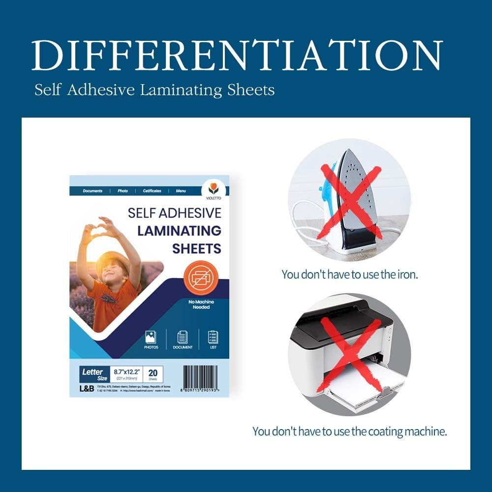 Self Stick Laminating Sheets 8.7 x 12.2 Inches, 4mil, Pack of 20, No Heat, No