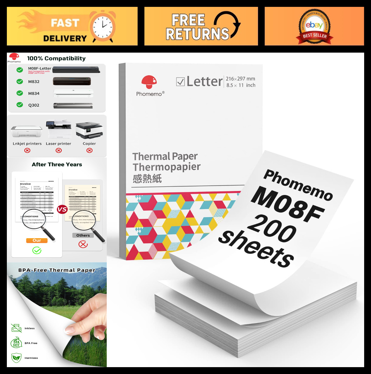 Continuous Thermal Printer Paper 8.5″ x 11″ – 200 Sheets for M08F & Brother Prin