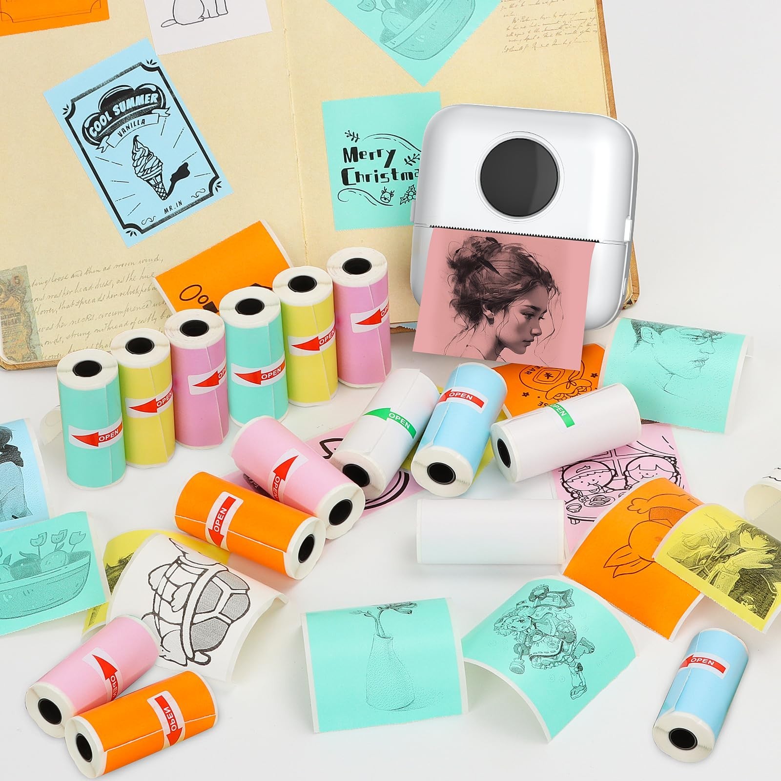 15 Rolls Mini Printer Sticker Paper, Thermal Self-Adhesive 57x25mm, Color & Whit