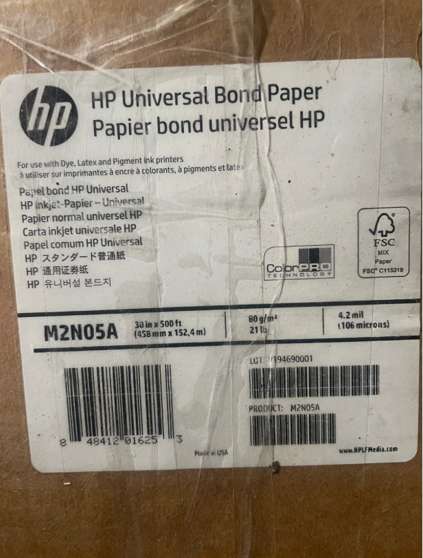 HP Universal Bond Paper, 3-in Core – 30in x 500ft – M2N05A Opened Box