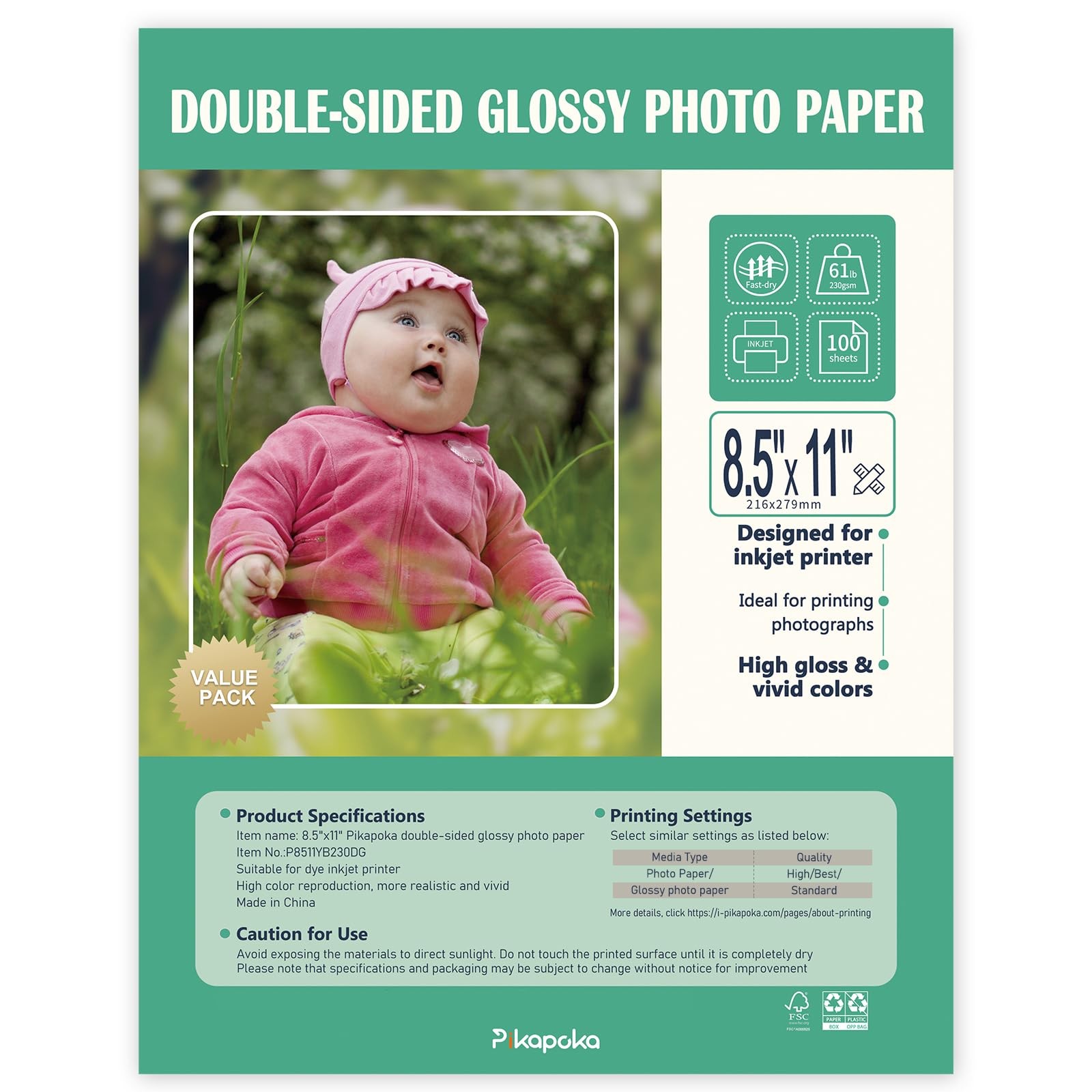 100 PCS 8.5×11 Inch Double Sided Glossy Photo Paper Thick Cardstock 61lb