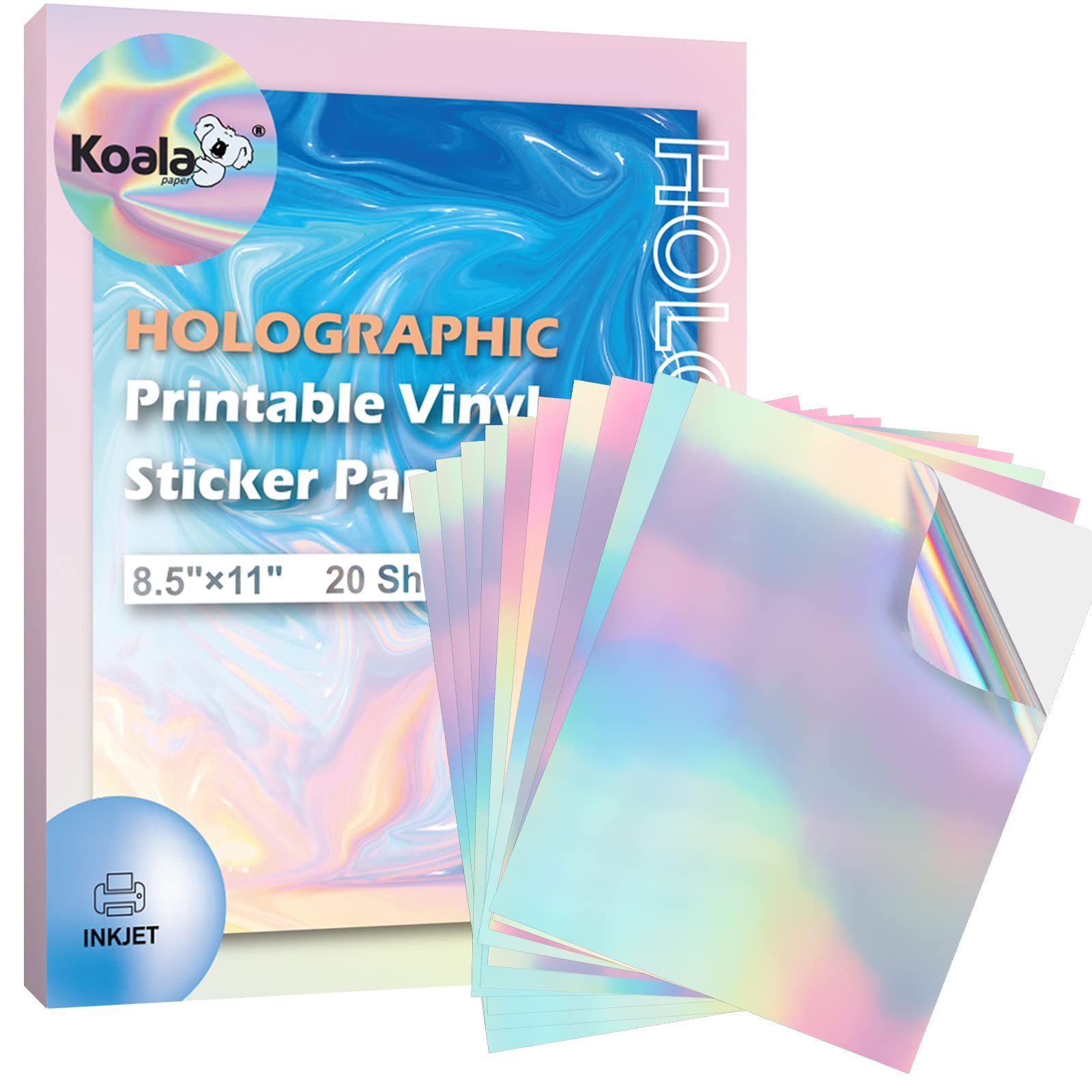 Koala Holographic Sticker Paper for Inkjet Printer – 20 Sheets 8.5×11 Inch, R…