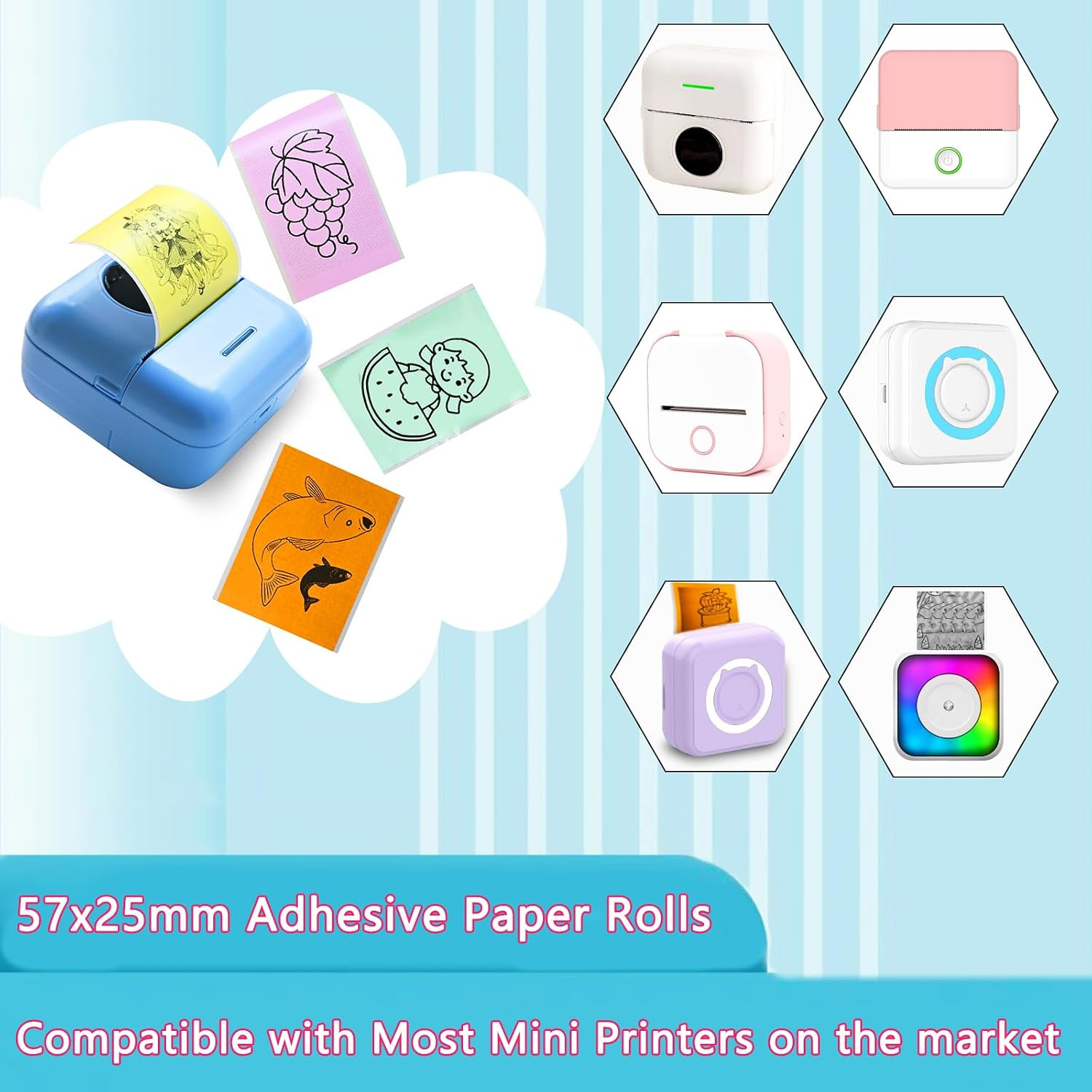 10 Rolls Colorful Mini Thermal Printer Paper Refill for Most Mini Printers, 57