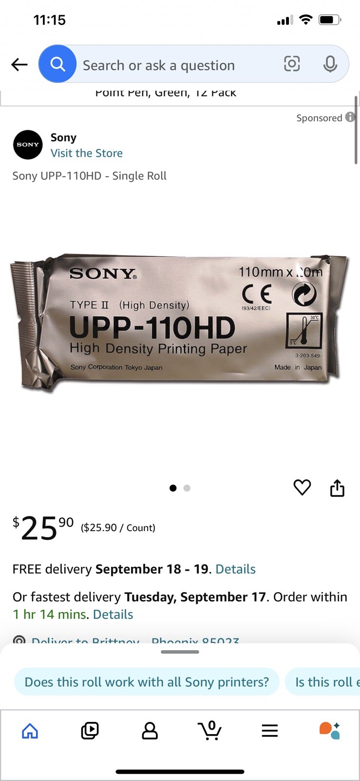 Sony UPP110HD 110 X 20mm Thermal Paper