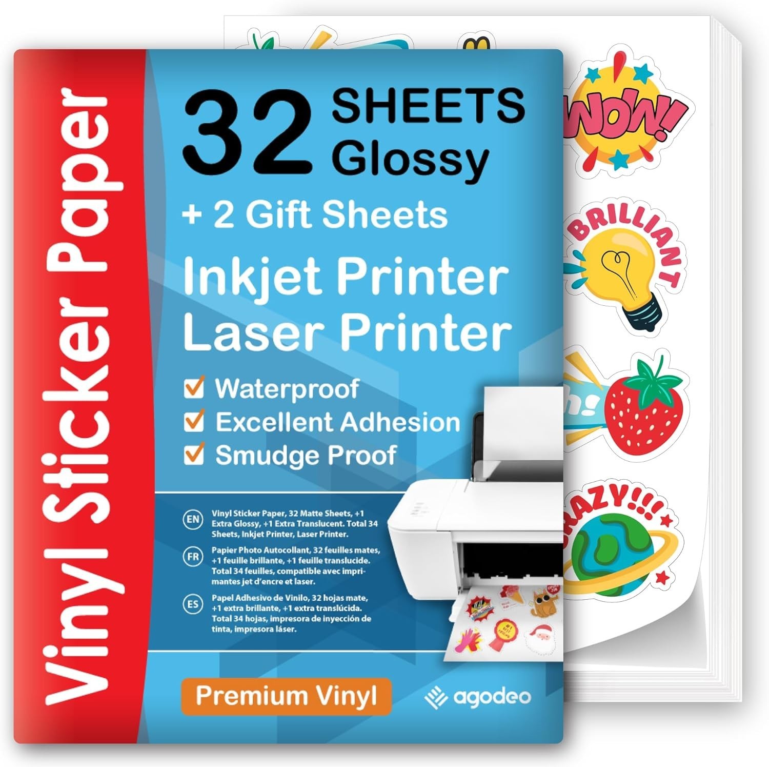 Papel Adhesivo Vinilo Brillante 32 Hojas para Impresora Inkjet Laser Impermeable