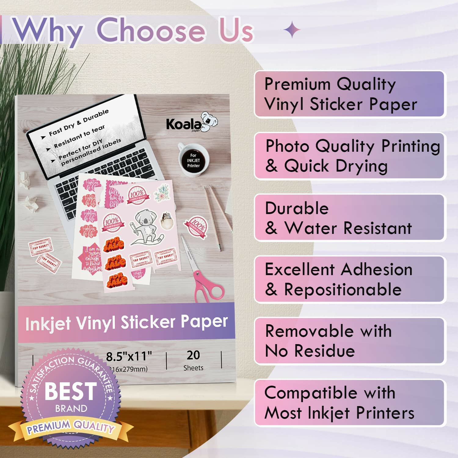 40 Full Sheets Printable Vinyl Sticker Paper Waterproof Glossy Inkjet Printer