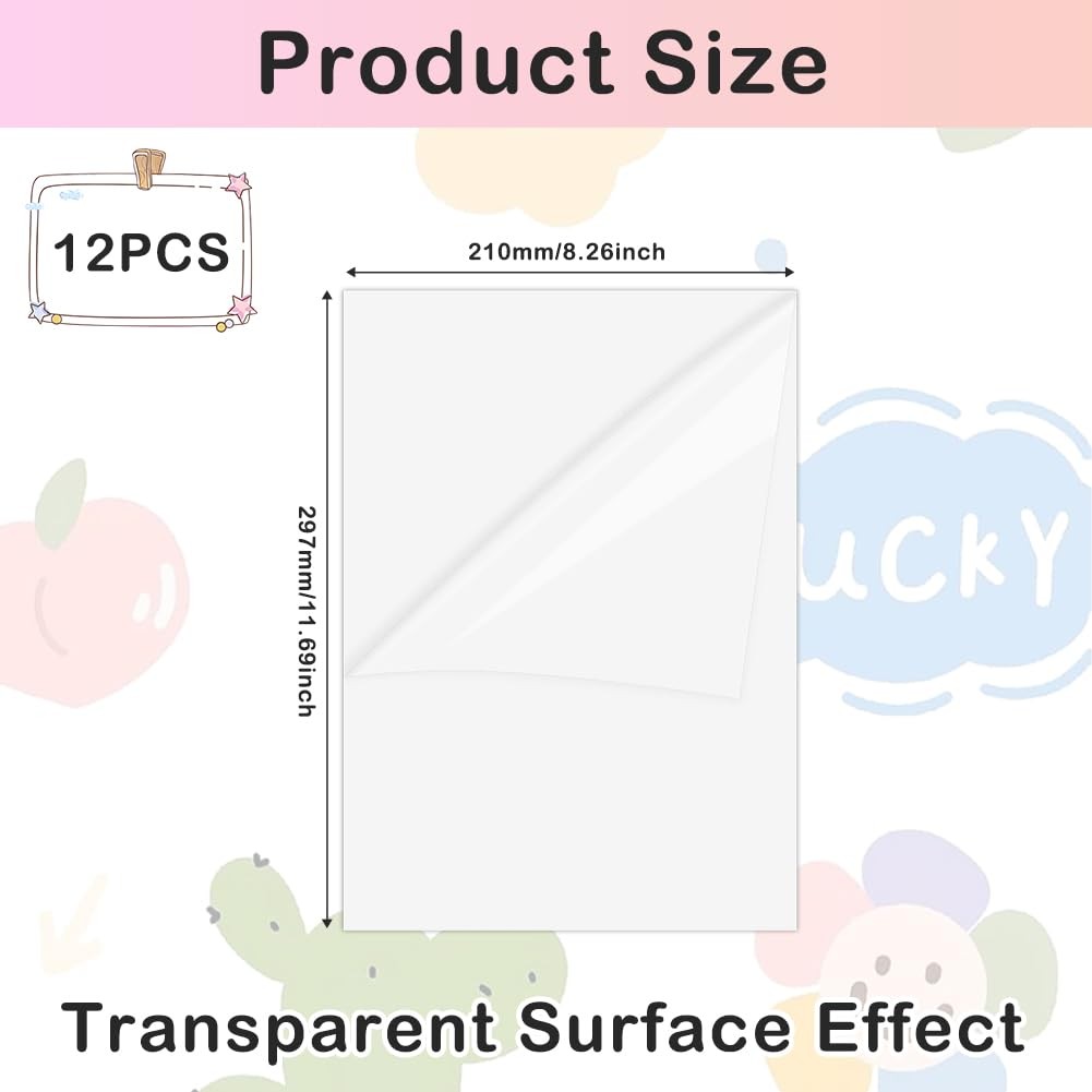 12 Sheets A4 Sticker Paper for Printing, Transparent a4 Self Adhesive Film…