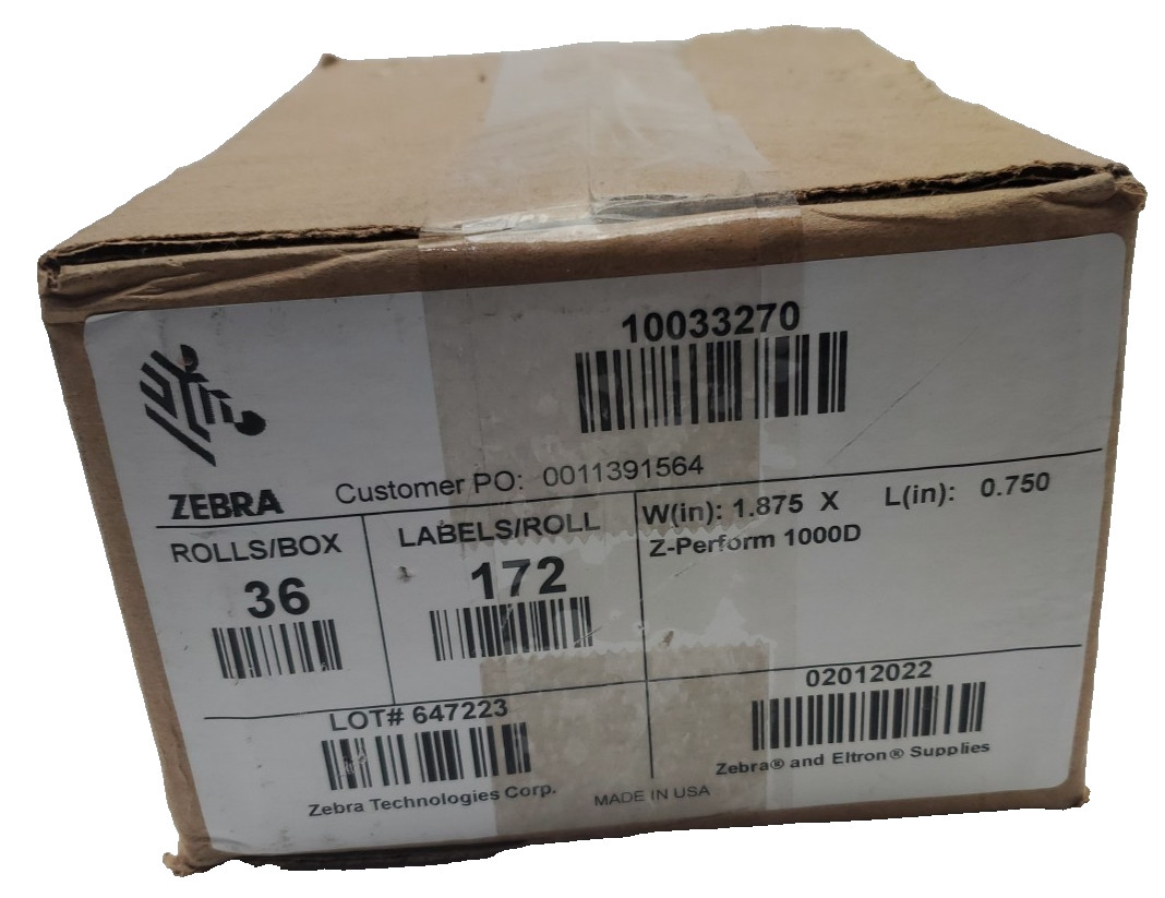 Zebra 36 Rolls 1.875″ W x 0.750″ L Z-Perform 1000D, 10033270