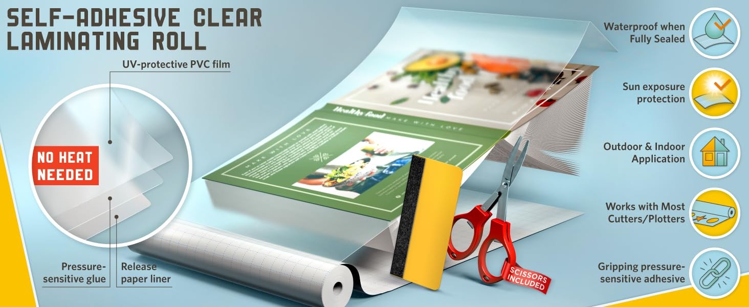 Clear Vinyl Laminating Roll 12” x 15ft – 3 MIL – Self Adhesive Glossy