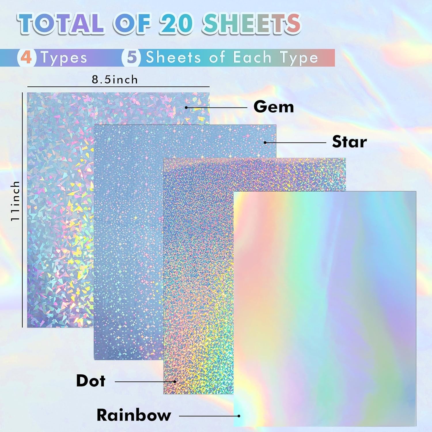 Koala Holographic Sticker Paper for Inkjet & Laser Printers, 20 Sheets Printable