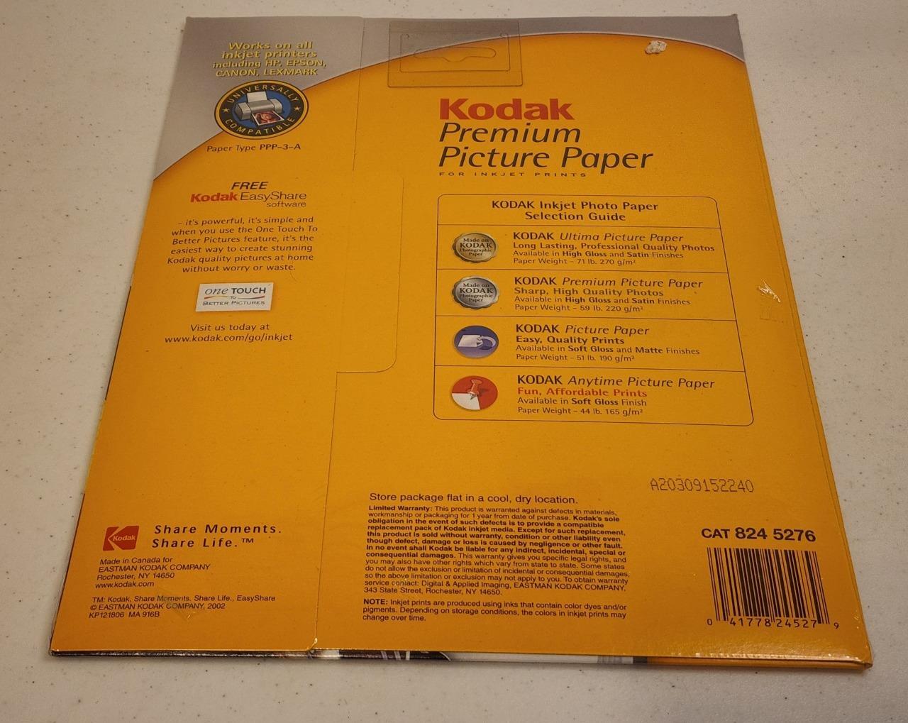 Kodak Premium Picture Paper For Inkjet Prints High Gloss 15 Sheets 8.5 x SEALED