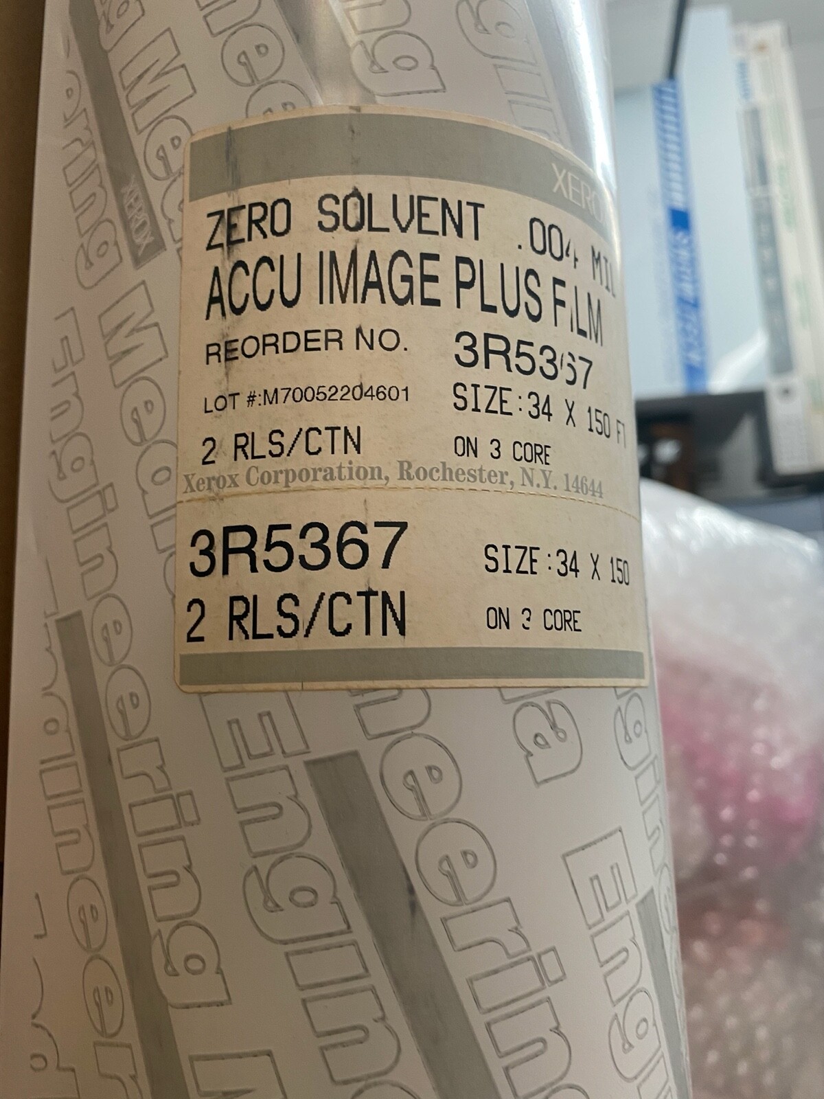 Xerox Accu Image Plus Film 34″ x 150′ Zero Solvent .004 Mil 3” Core 3R5367
