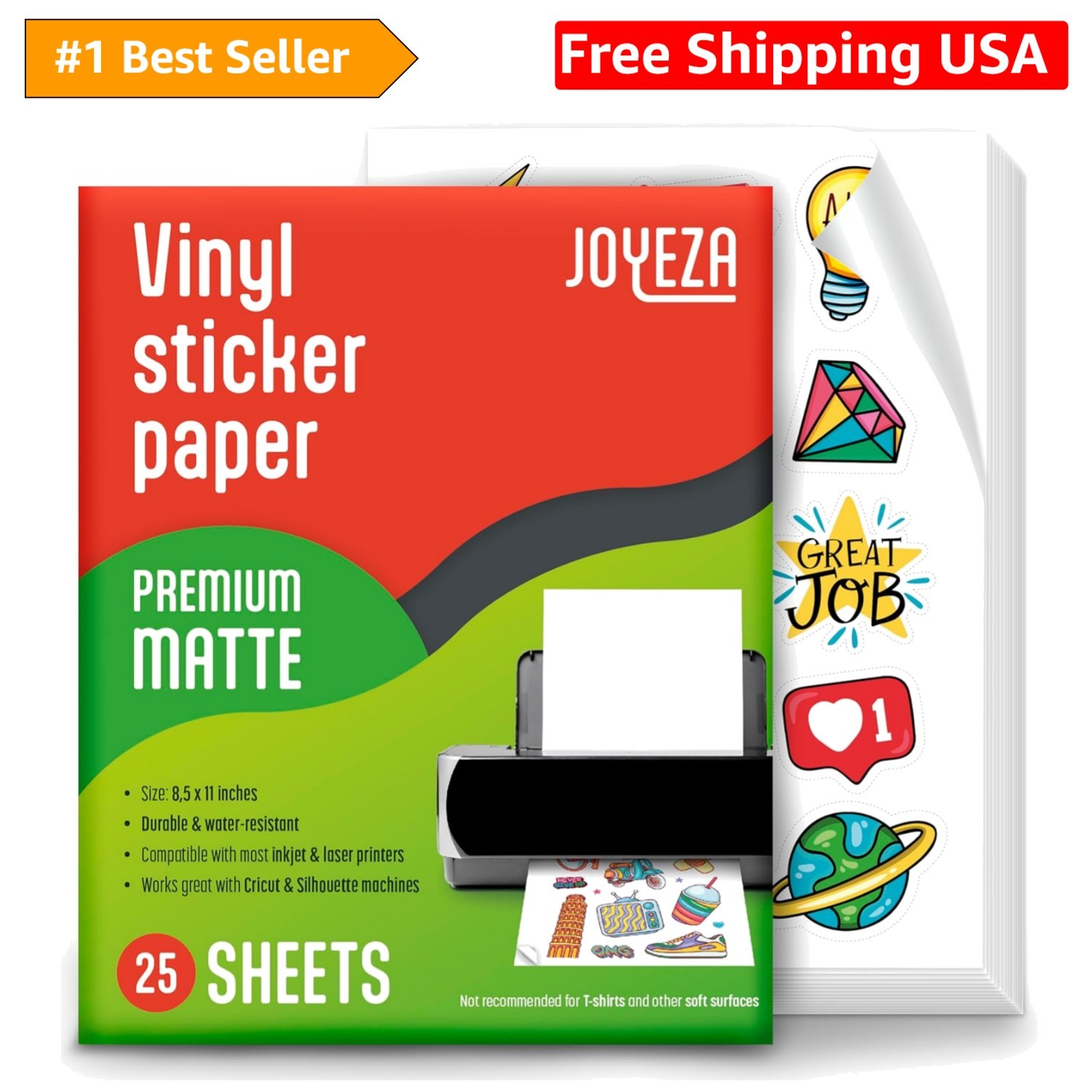 Printable Vinyl Sticker Paper for Inkjet Printer – 25 Sheets Matte White Wate…