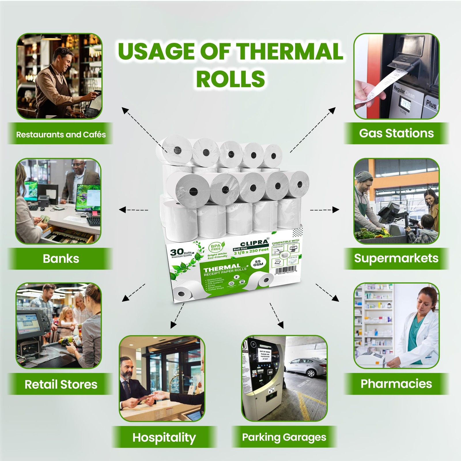 3 1/8 x 230ft Thermal Paper Receipt 3 1/8″ x 230′ Thermal-30 Rolls, White