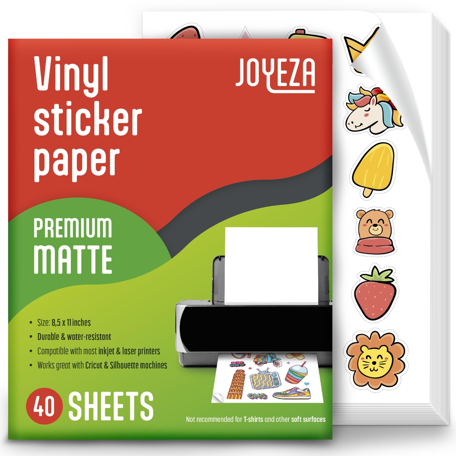 JOYEZA Premium Printable Vinyl Sticker Paper for Inkjet Printer – 40 Sheets M…