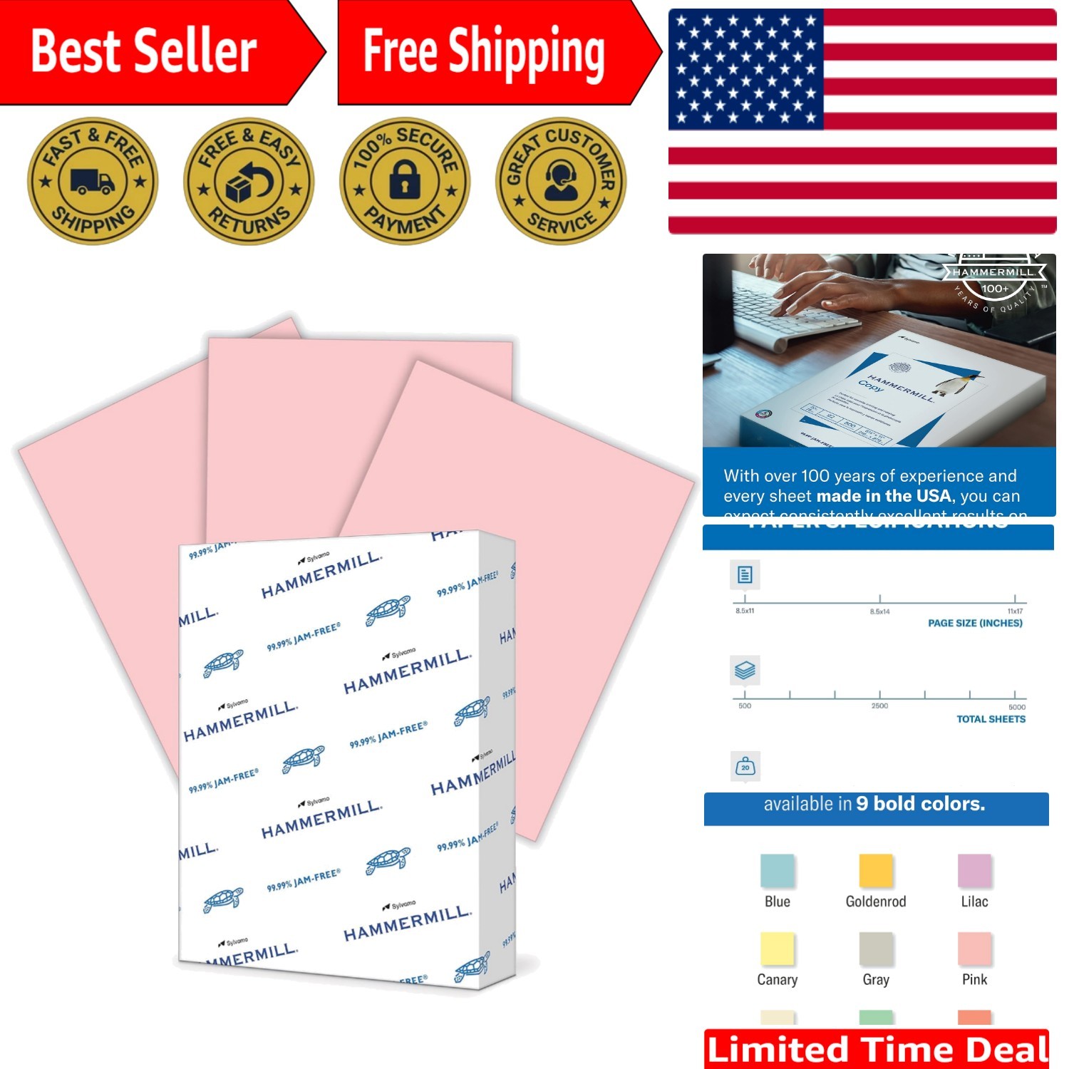 Smooth Surface 20lb Pink Printer Paper, 8.5×11, 500 Sheets for Art & Projects