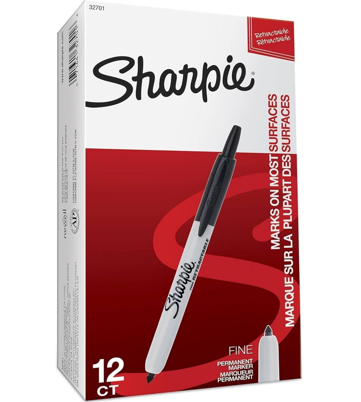 SHARPIE 32701, Retractable Permanent Markers, Fine Point, Black, 12 Count Box