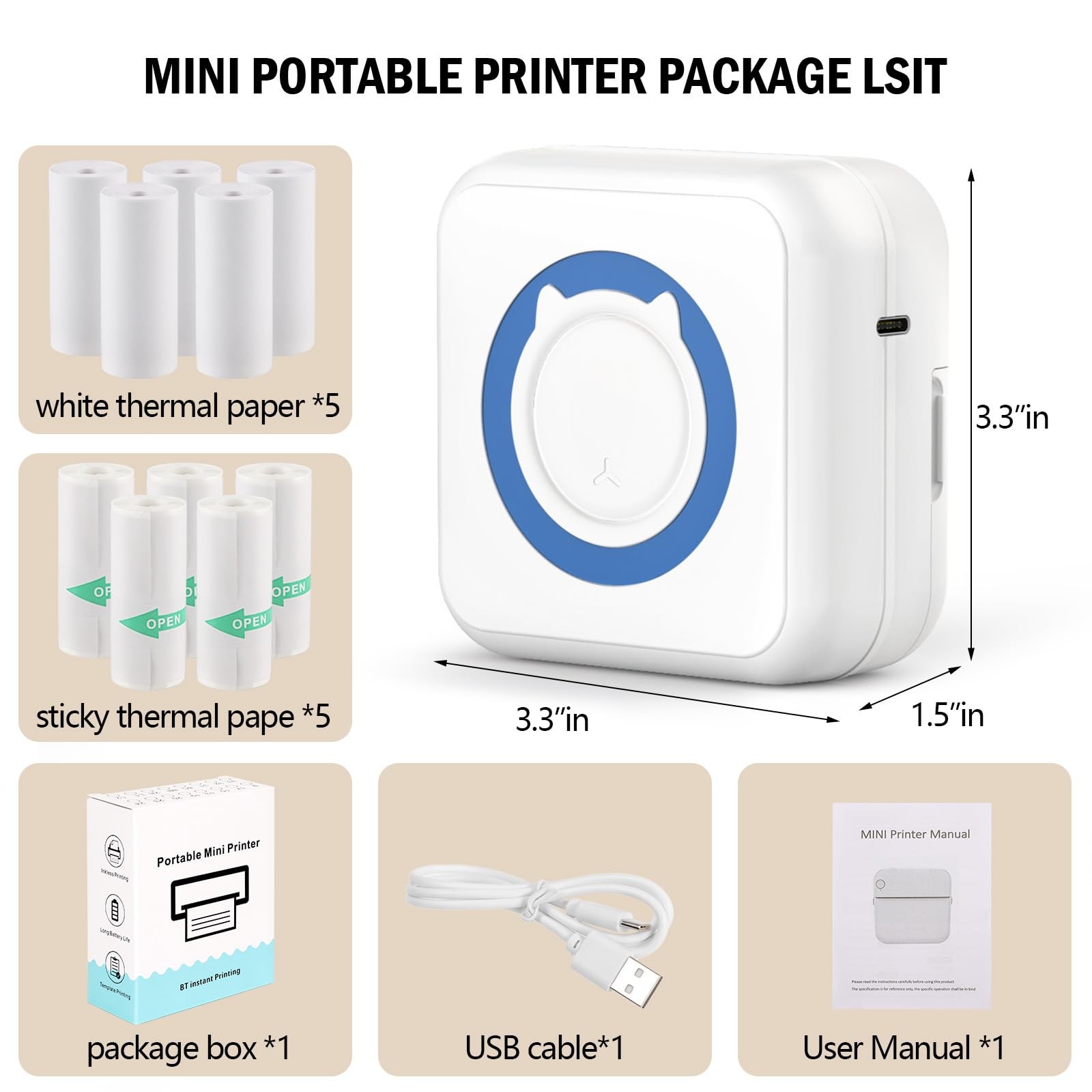 HUIJUTCHEN Mini Sticker Printer – Pocket Printers Large, White with Blue