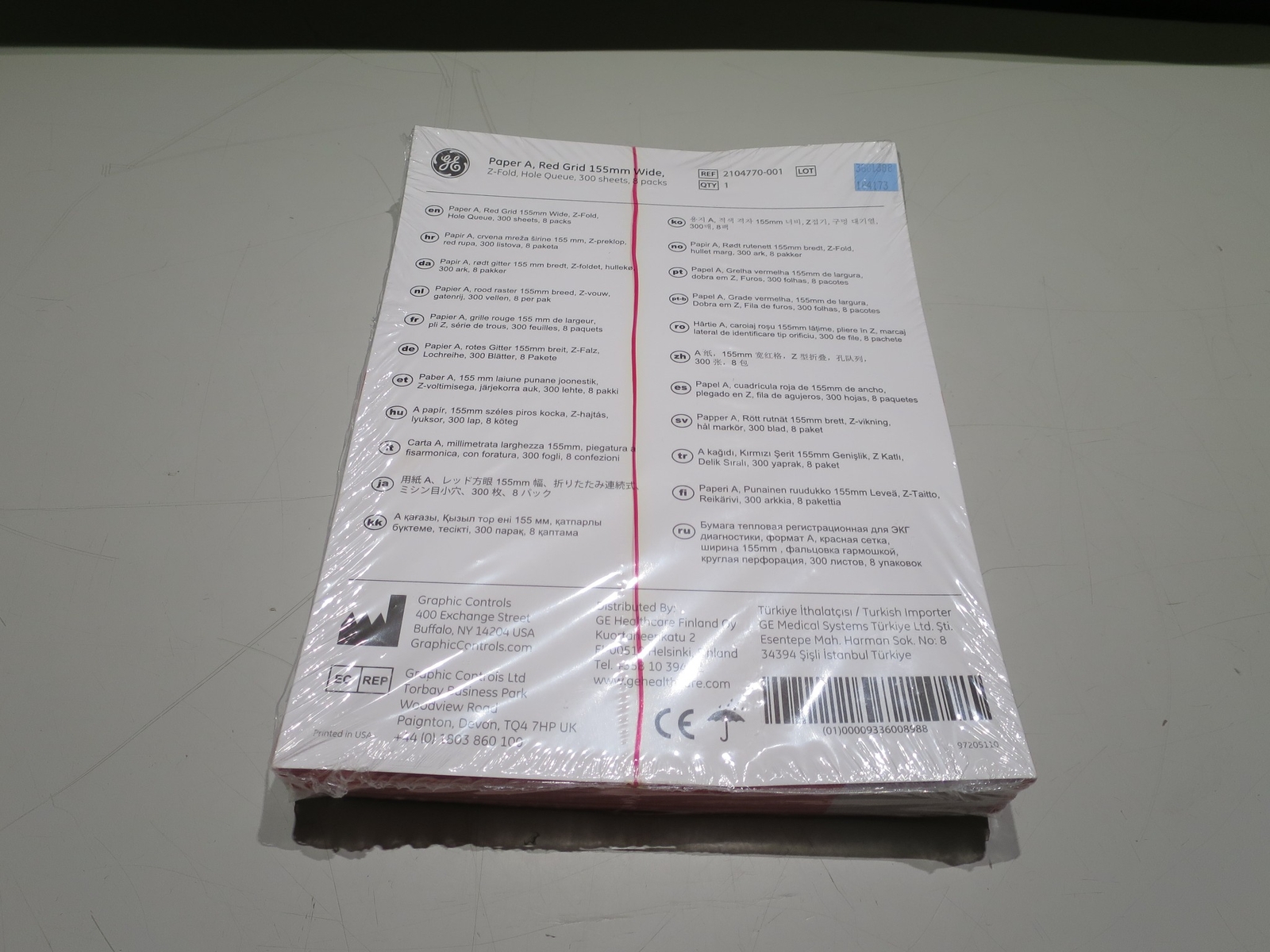 GE Healthcare 2104770001 8 PK Z-Fold Paper A, Red Grid 155mm Wide 300 Sheets