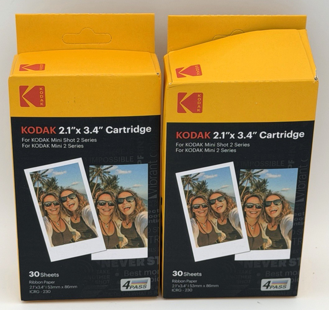2 Kodak 2.1×3.4″ 30 Sheet Each Cartrdge Mini Shot 2 New ICRG-230 60 Sheets Total