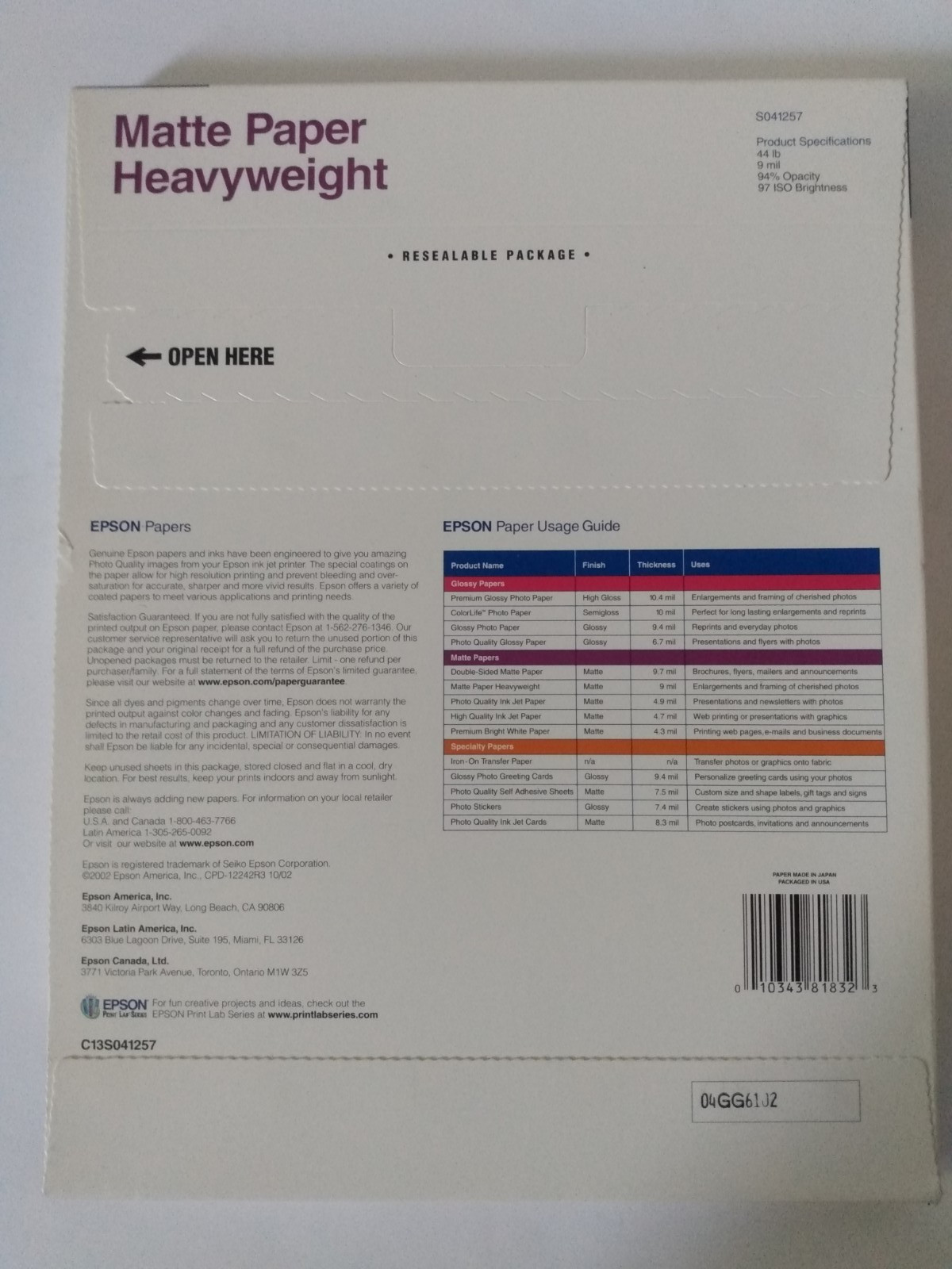 NEW Epson Heavyweight Matte 8.5×11 S041257 50 sheets