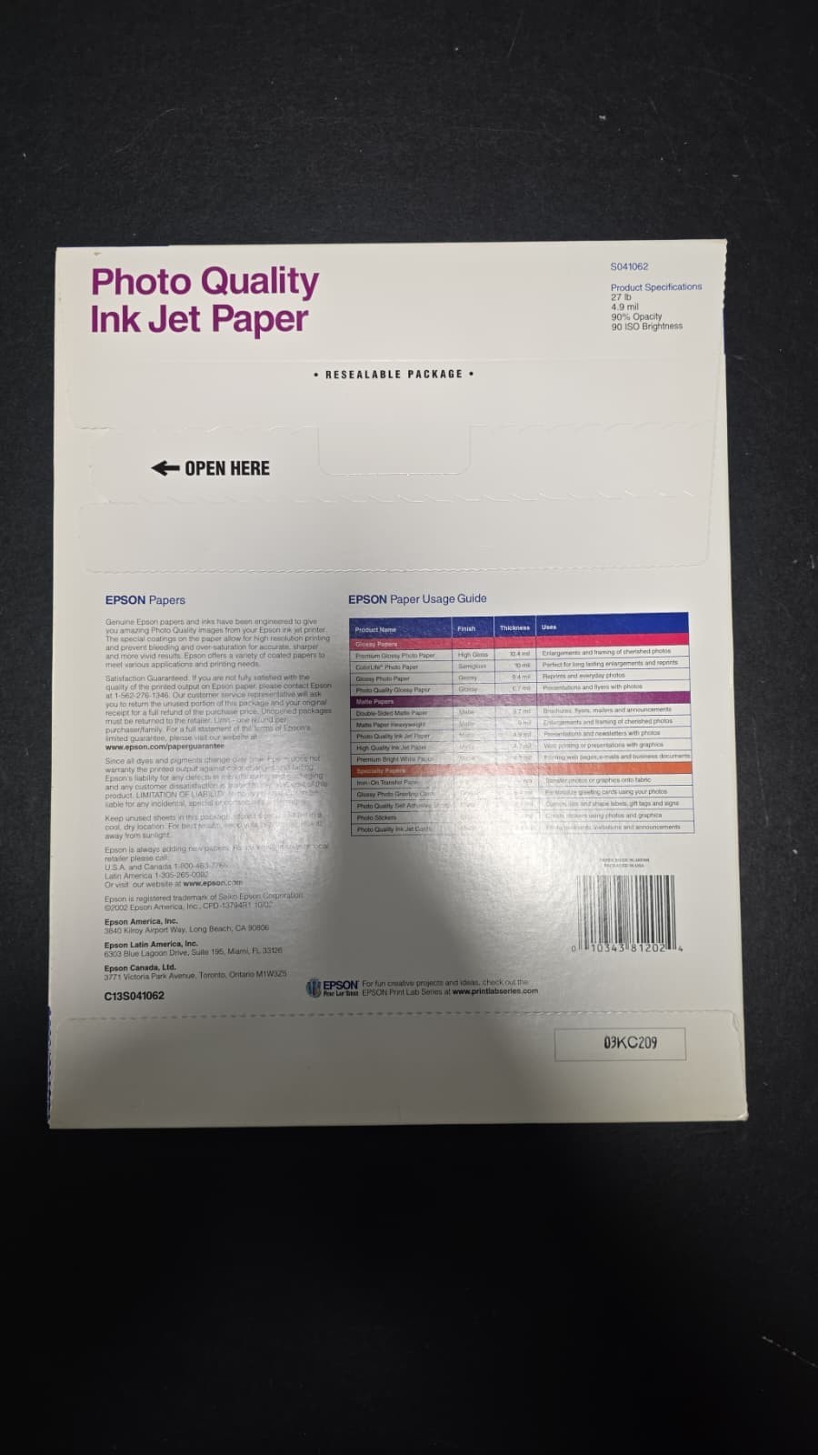 Epson Photo Quality Inkjet Paper, Matte 8-1/2″x11″ 100 Sheets “New”