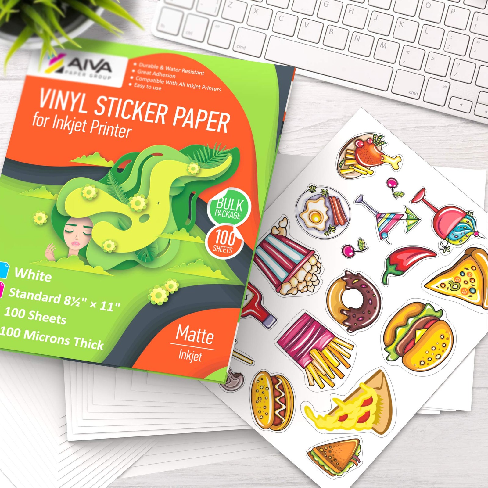 Printable Vinyl Sticker for Inkjet Printer – Matte White – 100 -Adhesive Shee…